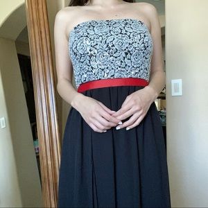 Black & white high-low dress with red ribbon tie at back